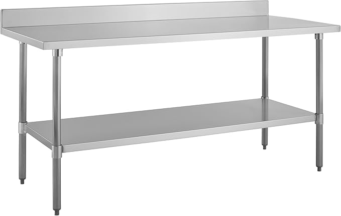 Kratos Stainless Steel Kitchen Prep Table 72x24 with Backsplash and Undershelf NSF Worktable for Restaurants - 18ga/430SS (28W-009)