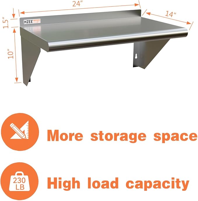 Stainless Steel Wall Mounted Shelf 14x24 Inches 18 Gauge Commercial Shelves Metal Storage Rack Shelves for Kitchen Restaurant Garage and Laundry