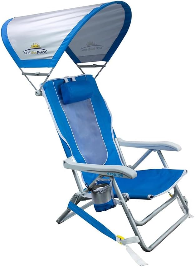 GCI Outdoor Sunshade Backpack Beach Chair | Reclining Folding Canopy Chair with Durable Armrests Drink Holder &amp Carry Straps Perfect for Beach Trips &amp Picnics — Saybrook Blue