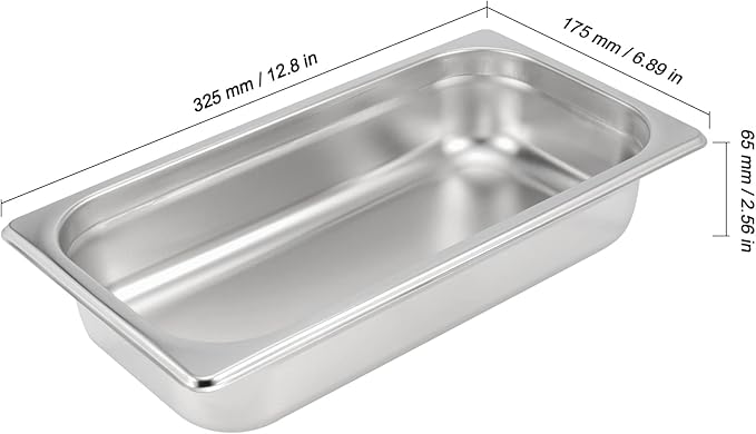4 Pack 1/3 Size x 2.5 Inch Deep Steam Table Pan 12.8x6.9x2.6 Stainless Steel Anti-Jam Hotel Pan for Food Warmer Buffet Server Restaurants and Catering Supplies 22 Gauge