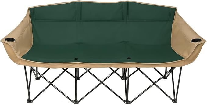 GoTEAM! Portable Folding Bench Couch – 3 Seat Collapsible Outdoor Chair with Cup Holders &amp Carry Bag – Heavy Duty 600D Nylon for Camping Sports Tailgating Beach &amp Backyard (Green/Beige)