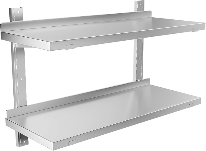 Stainless Steel Shelf 31.5 x 12.6 Commercial Floating Wall Shelf with Brackets 110Lbs Capacity Adjustable Double-Layer Metal Heavy Duty Storage Rack for Restaurant Kitchen Bar Home Hotel