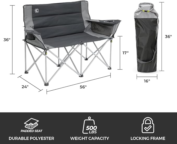 CORE Loveseat Outdoor Camp Chair | 2 Person Folding Double Lawn Chair with Storage Pockets for Accessories | Perfect for Concert Seat Festivals Sports Beach Travel &amp Picnic