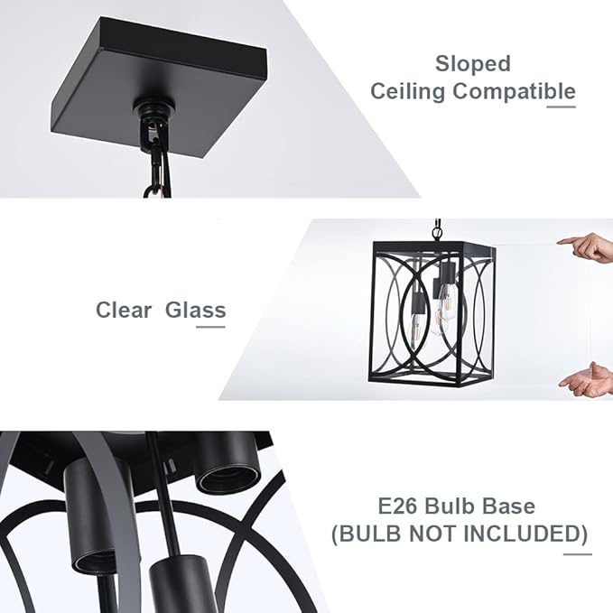 Outdoor Pendant Light Fixture 3-Light Black Large Exterior Hanging Lantern with Clear Glass Metal Outdoor Chandelier Porch Lighting for Front Porch Entrance