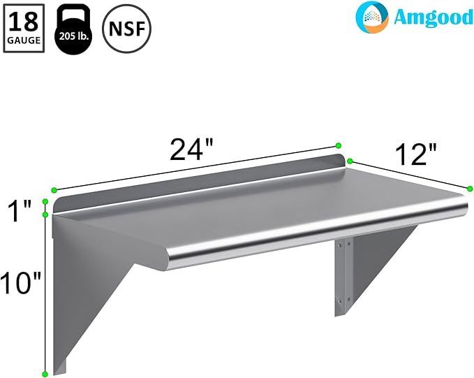 AmGood 12 in. x 24 in. Stainless Steel Wall Shelf | NSF | Metal Shelving | Garage Laundry Storage Utility Room | Restaurant Commercial Kitchen