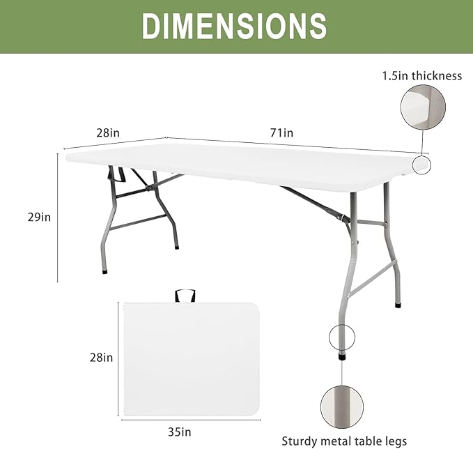 6ft Folding Table Portable Heavy Duty Plastic Utility Foldable Table Indoor Outdoor for Camping Party with Handle Lock - White