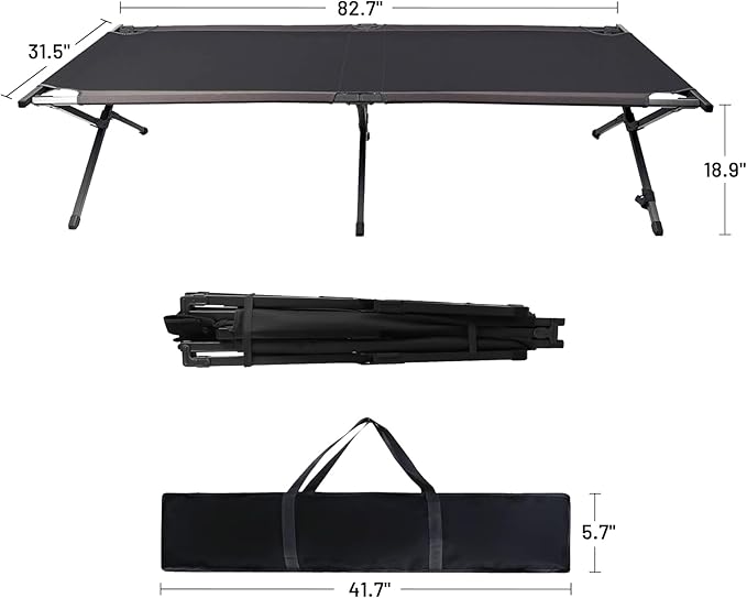 Portal Folding Portable Camping Cot Guest Bed with Carry Bag and Side Storage Organizer Camping Cots for Adults Sleeping Away Tent Sleeping Cot Bed Supports 300 LBS Black