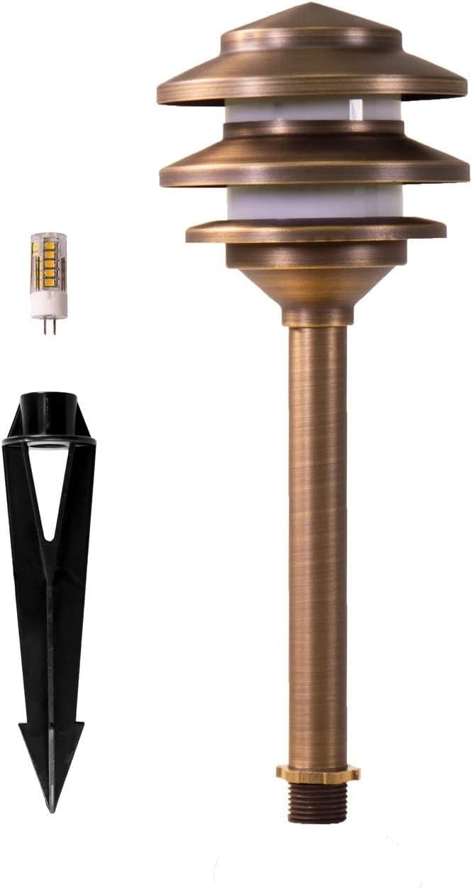 12V Cast Brass Pagoda Path Light (Bronze) with 3W 2700K Warm White G4 LED Bulb for Low Voltage Landscape Lighting on Outdoor Pathway Walkway Garden Driveway or Patio