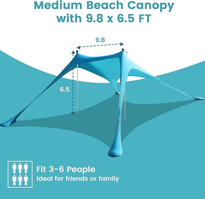 Beach Tent - 9.8 * 6.5 FT Beach Canopy Portable Beach Tent Sun Shelter UPF50 with 4 Sandbags 2 Stability Poles Ground Pegs and Anti-Wind Ropes Outdoor Beach Shade Canopy for Camping Sky Blue