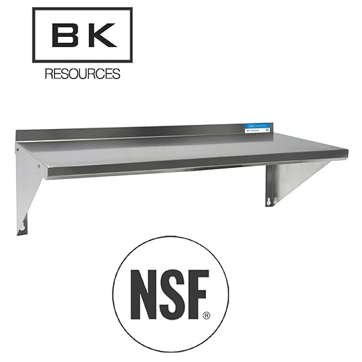 BK Resources Stainless Steel Wall Shelf 16x 32 18 Gauge T-430 Steel NSF Commercial Kitchen Food Service Use 1.5 Backsplash Angle Supports BKWSE-1632