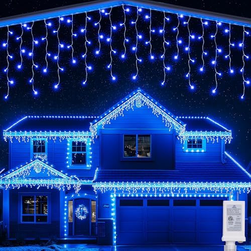 Joomer Christmas Icicle Lights - 66FT String Lights Outdoor Waterproof 8 Modes Timer Connectable Plug-in String Light for Eaves Roofs Christmas Decorations (Blue Non-Connectable)
