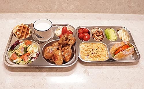 Korean Stainless Steel Divided Plates for Adults Teens Premium 304 Electro-Polished No Black Residue BPA-Free Large 5-Compartment Food Tray Diet Portion Control Camping Set of 2
