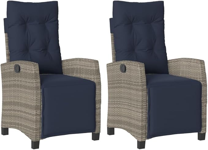 Reclining Patio Chairs 2 pcs with Footrest Gray Poly Rattan Adjustable Backrest Outdoor Lounge Chairs with Cushions for Garden Poolside Deck