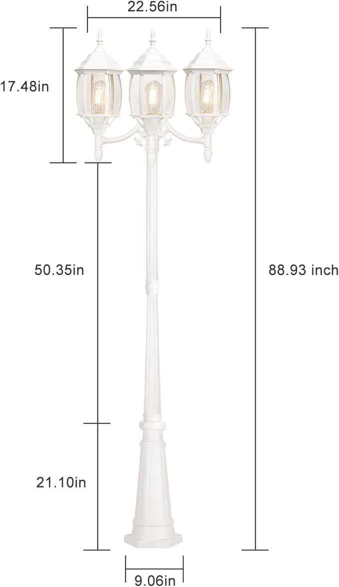 Dusk to Dawn Sensor Outdoor Lamp Post Light 3-Head Classic White Light Pole with Clear Glass Panels (3 LED Bulbs Included Max.100W) Waterproof Outside Street Light for Backyard Garden Driveway