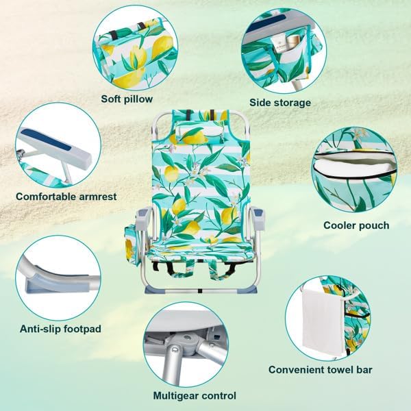 Folding Backpack Beach Chair 4 Position Portable Camping Chair with Headrest Cup Holder and Wooden Armrests (Green 1 Pack)