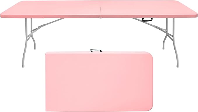 8 FT Folding Table with Carry Handle Portable Fold-in-Half Plastic Table Rectangle Foldable Table for Indoor/Outdoor Pink