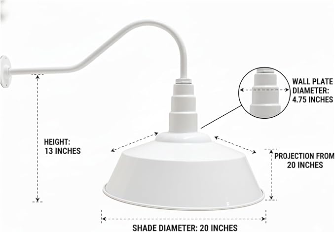 AGB101-AS20-WHITE Gooseneck Barn Light - White Outdoor Dome with Incandescent Downlight | Wall-Mount Fixture for Patios Gardens Pathways and Large Outdoor Living Spaces