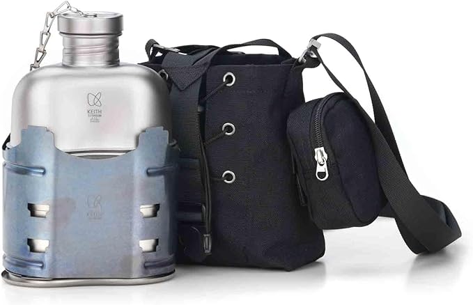 Keith Titanium Ti3061 Pro Plastic-Free Canteen Mess Kit with Stove – Grade 1 Titanium Cookset 37 oz Bottle 24 oz &amp 13.5 oz Cups Custom MOLLE Field Carry Case with Premium Zippered Pouches