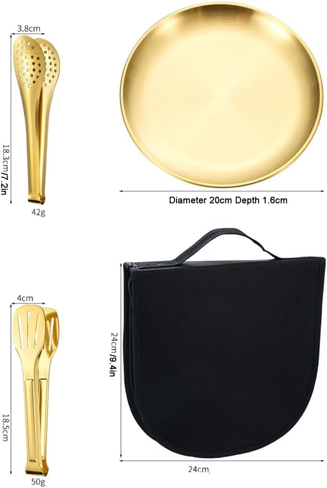 Stainless Steel Outdoor Camping Mess Kits Includes Forks Spoons Knives Food Clip Plates - Portable Cutlery BagGold