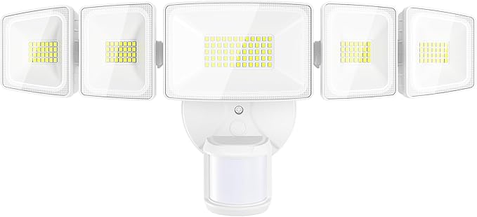 Onforu 120W 12000LM LED Security Lights Motion Sensor Outdoor Dusk to Dawn Flood Lighting 5 Heads 360° Wide Angle Illumination 6500K IP65 Waterproof Hardwired Floodlight Motion Detection (White)