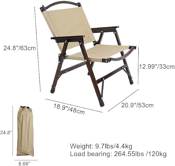 UNISTRENGH Wooden Folding Camping Chair Portable Beech Wood Outdoor Backrest Chair for Road Trip Fishing Beach Patio and Backyard (Khaki/Walnut Color)