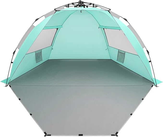 Oileus X-Large 4 Person Beach Tent Sun Shelter - Portable Sun Shade Instant Tent for Beach with Carrying Bag Stakes 6 Sand Pockets Anti UV for Fishing Hiking Camping Waterproof Light Green