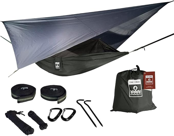 Oak Creek Camping Hammock and Accessories. Complete Package with Mosquito Bug Net Rain Fly Tree Straps. Great for Hiking Backpacking and Travel. Weighs Only 4 Pounds.