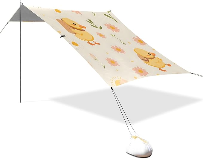 Cute Little Yellow Duck Carrying Backpack Daisy Camping Sun Shelter Beach Tent Portable Beach Sun Shade Outdoor Canopy for Camping Trips Fishing Picnic