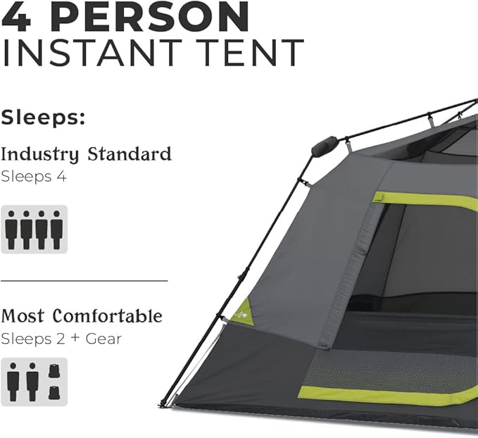 CORE 4 Person Instant Cabin Tent Camping Set | Includes 1 Pop Up Tent with 60 Second Setup 1 Outdoor Table &amp 2 Camp Chairs | Perfect for Family Car Camping with Included Carry Bag