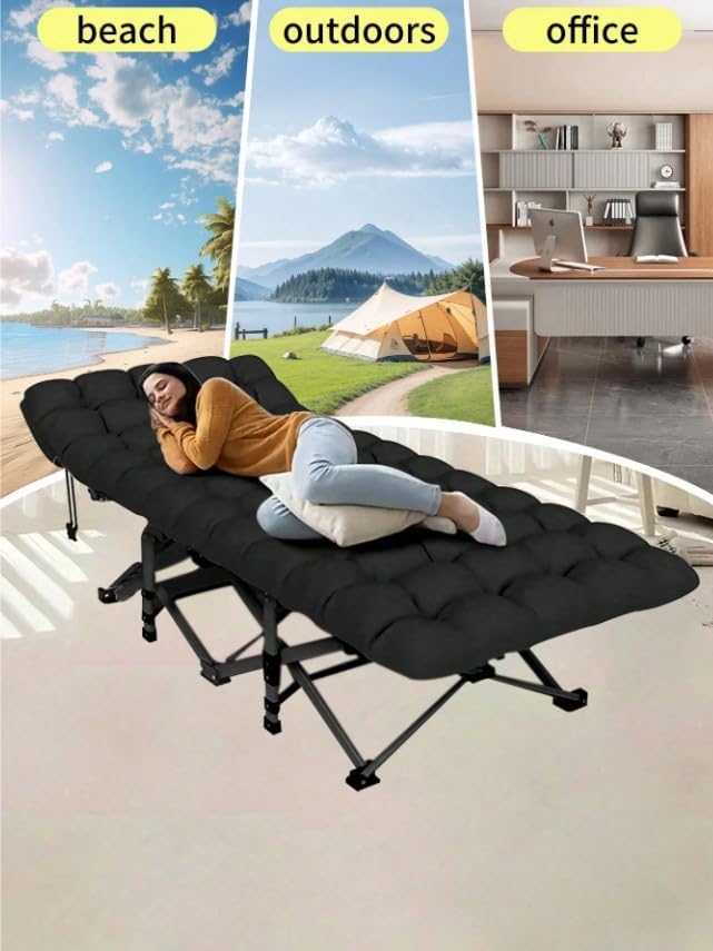 Folding Camping Cot with Mattress Portable Bed for Adults Comfortable Sleeping Solution for Indoor Outdoor Travel Home Office Use with Carry Bag (Black)
