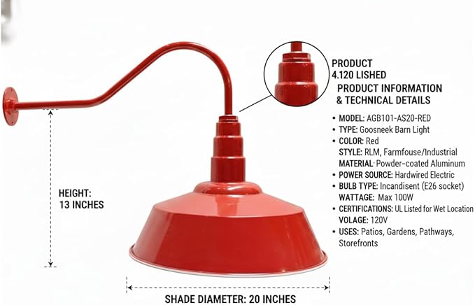 AGB101-AS20-RED Gooseneck Barn Light - Red Outdoor Dome with Incandescent Downlight | Wall-Mount Fixture for Patios Gardens Pathways and Large Outdoor Living Spaces