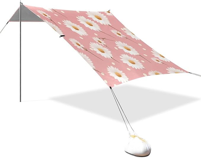 Daisy Pattern Pink Beach Tent Sun Shelter 9.2' x 10.5' Beach Canopy with 4 Sandbags 4 Stability Poles Sand Shovels - Tent Canopy for Beach Camping Fishing Picnics