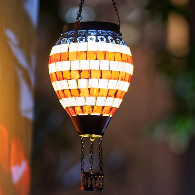 Flag Hot Air Balloon Solar Lantern Mosica Glass Hanging Solar Lanterns Outdoor Waterproof for Garden Yard Patio Decor