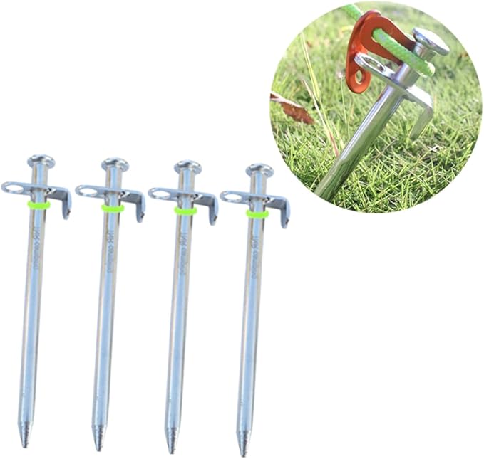 POPETPOP 4pcs Shape Tent Stakes Kit Ground Nails for Camping Canopy Tent Awning Rope and Hook