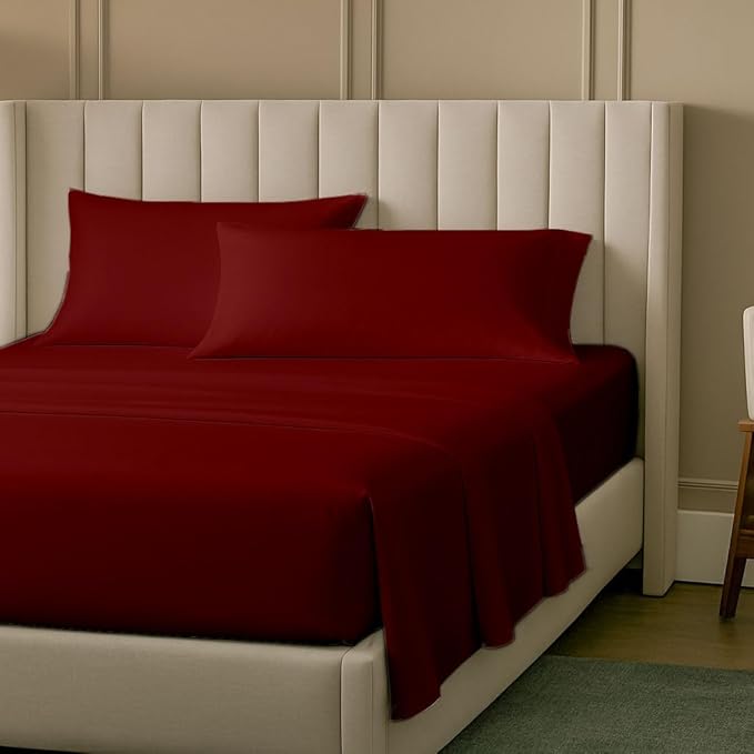 SlumberWell 4 Piece Luxury Soft Microfiber Fitted Bed Sheet Set for Campers RV 8 to 12 Inch Deep Pocket Olympic Queen 66 x 80 Burgundy