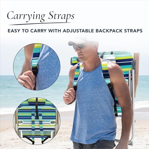 CARIBBEAN JOE Folding Beach Chair 4 Position Portable Backpack Foldable Camping Chair with Headrest Cup Holder and Wooden Armrests