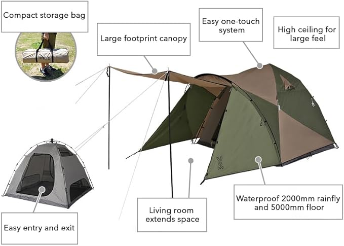DOD The 1Pull Dome Tent - 3 Person Instant Setup Camping Tent - Waterproof Pop Up Dome Tent with Large Footprint Awning and Front Storage Chamber - Tan