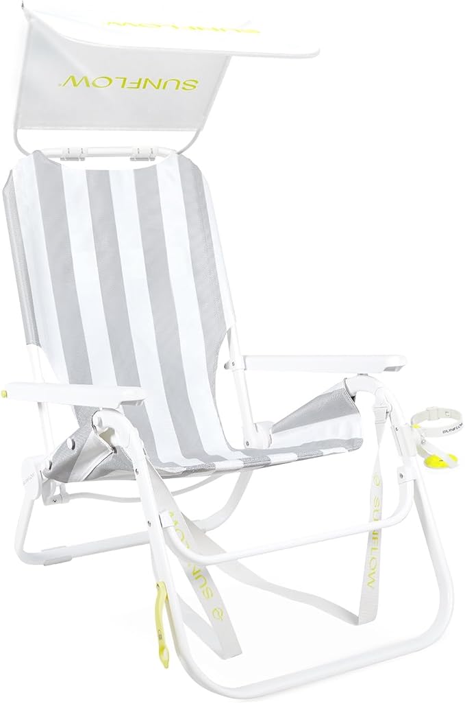 SUNFLOW Shore Thing Premium Beach Chair - Adjustable Portable Rust-Resistant Reclining Beach Chair with UPF 50+ Sun Shade and Drink Holder for The Ultimate in Comfort (Oyster Gray Stripe)
