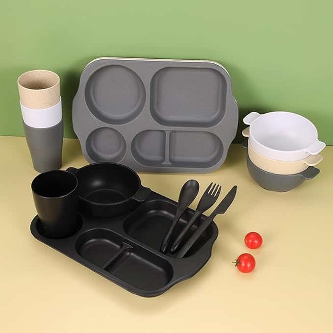 24 Pcs Wheat Straw Dinnerware Cutlery SetsUnbreakable Divided Plates Bowls Cups Spoon Knife Fork for 4 PeopleMicrowave Dishwasher Safe Tableware Cutlery for Party and Daily UseMix Color 1