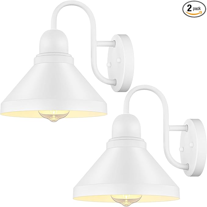 Brightever Gooseneck Outdoor Wall Lanterns Pack of 2 Exterior Light Fixtures Anti-Rust Outside Barn Wall Mount Sconces Waterproof White Patio Wall Lamps for House Front Door Bulb Excluded