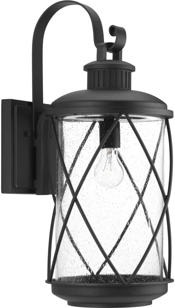 Progress Lighting Hollingsworth Collection 1-Light Clear Seeded Glass Farmhouse Outdoor Large Wall Lantern Light Textured Black