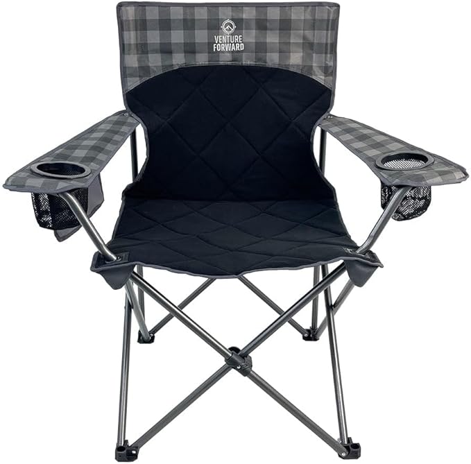 Quilted Quad Camping Chair with Carry Bag – Padded Folding Outdoor Chair with Armrests &amp Built-in Cup Holder for Camping Tailgating RV &amp Outdoor Events