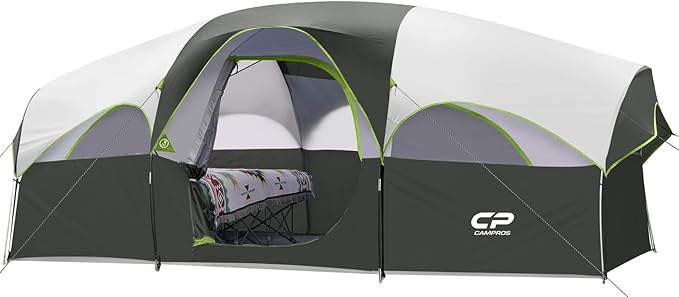 CAMPROS CP Tent 8 Person Camping Tents Weather Resistant Family Tent 5 Large Mesh Windows Double Layer Divided Curtain for Separated Room Portable with Carry Bag