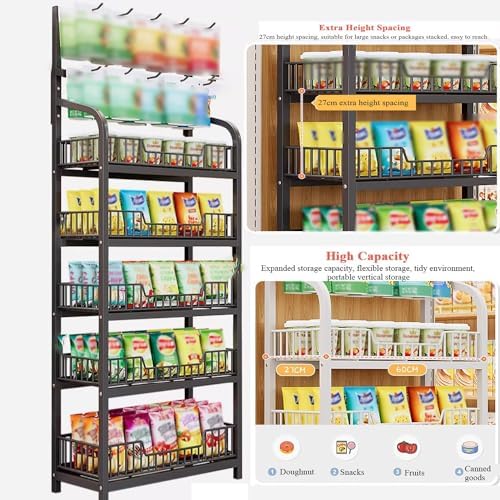 4/5 Tier Retail Display Shelves Metal White Black Supermarket Snacks Candy Storage Stand with Hooks Large Snack Organizer Pantry Kitchen Home Theater MovieBlack5 Tier50x27x166cm