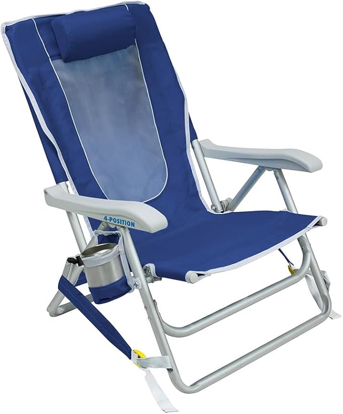 GCI Outdoor Backpack Beach Chair | Reclining Folding Chair with Durable Armrests Drink Holder &amp Carry Straps Perfect for Beach Trips &amp Picnics — Nautical Blue
