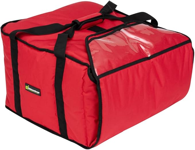 Delivery Tek 16.5 x 18 x 6.5 Inch Insulated Pizza Bag 1 Durable Delivery Bag - Holds (2) 16 or (3) 14 Pizza Boxes Red Polyester Cater Bag Extra-Large Flap Machine Washable