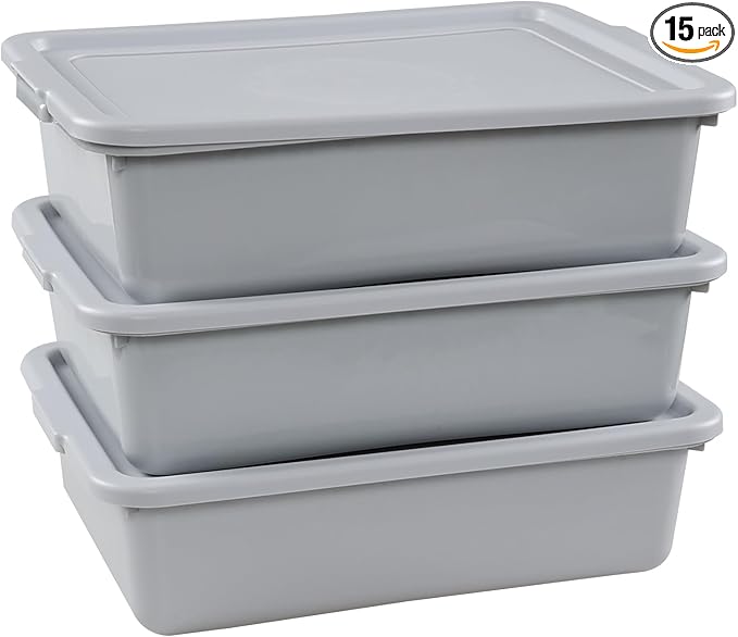 3 Packs 15 L Plastic Bus Tubs with Lids Commercial Bus Box Gray