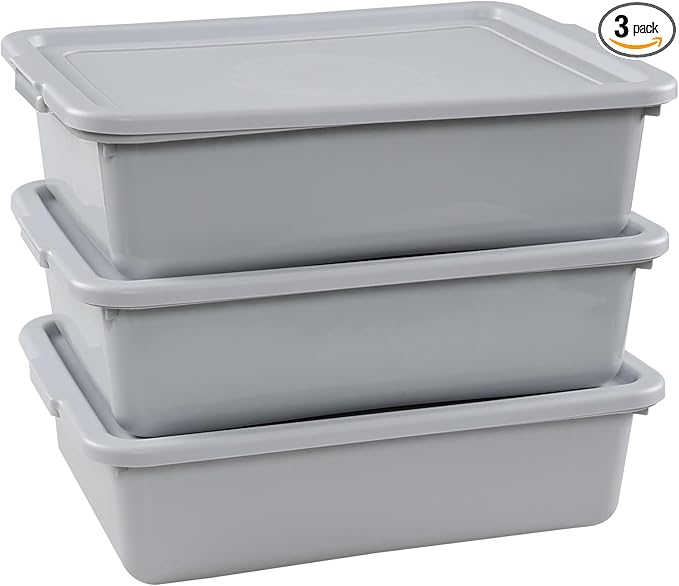 3-Pack 13 L Commercial Bus Tub Box Plastic Restaurant Bus Tubs with Lids Grey