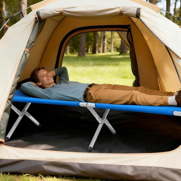 Portable Folding Camping Cot Heavy Duty Sleeping Bed with Carrying Bag 610D Oxford Cloth &amp Lightweight Aluminum Frame 275lbs Load Outdoor Cot for Adults Travel Hiking Office (Blue 2 Pack)