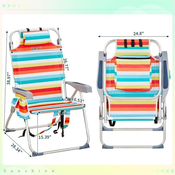 Folding Backpack Beach Chair 4 Position Portable Camping Chair with Headrest Cup Holder and Wooden Armrests (Colorful 2 Packs)